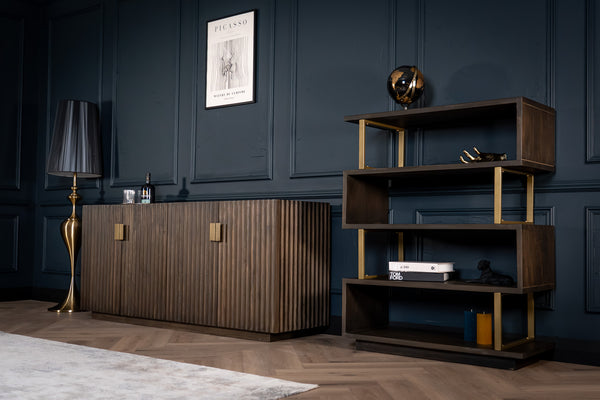 Louvre Solid Mango Wood Sideboard with Fluted Design Fronts in Grey Brown 180 cm