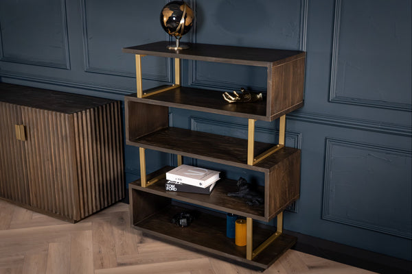 Louvre Solid Mango Wood Storage Rack Bookshelf in Grey Brown with Gold Frame 120 cm