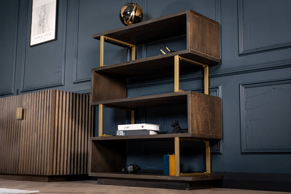 Louvre Solid Mango Wood Storage Rack Bookshelf in Grey Brown with Gold Frame 120 cm