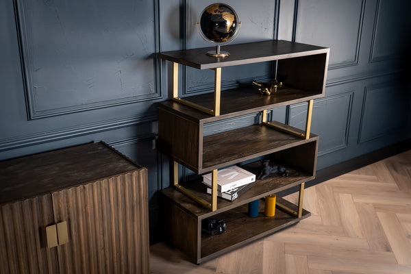 Louvre Solid Mango Wood Storage Rack Bookshelf in Grey Brown with Gold Frame 120 cm