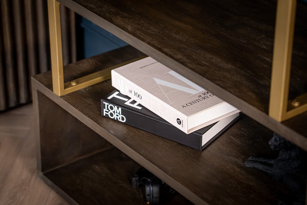 Louvre Solid Mango Wood Storage Rack Bookshelf in Grey Brown with Gold Frame 120 cm