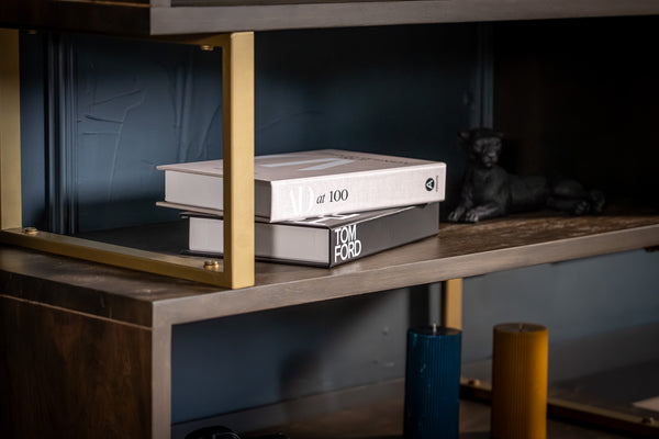 Louvre Solid Mango Wood Storage Rack Bookshelf in Grey Brown with Gold Frame 120 cm