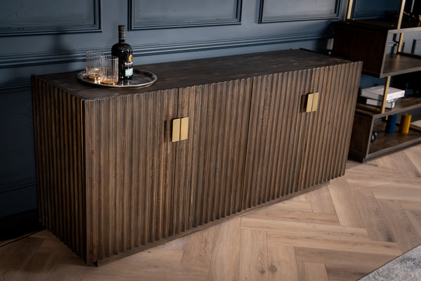 Louvre Solid Mango Wood Sideboard with Fluted Design Fronts in Grey Brown 180 cm