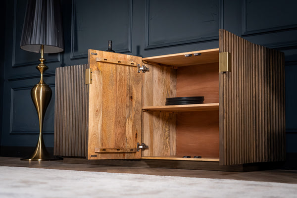 Louvre Solid Mango Wood Sideboard with Fluted Design Fronts in Grey Brown 180 cm