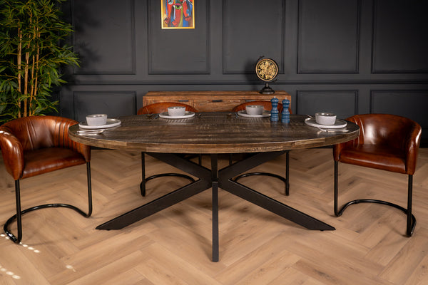 Galaxie Industrial Solid Mango Wood Oval Dining Table in Dark Brown Grey with Black Spider Legs 180