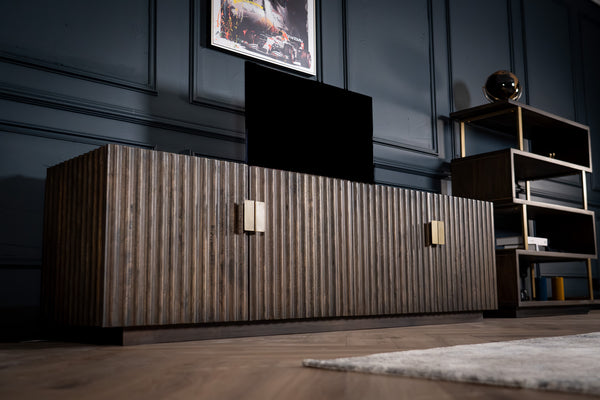 Louvre Solid Mango Wood TV Unit with Fluted Design Fronts in Grey Brown 200 cm