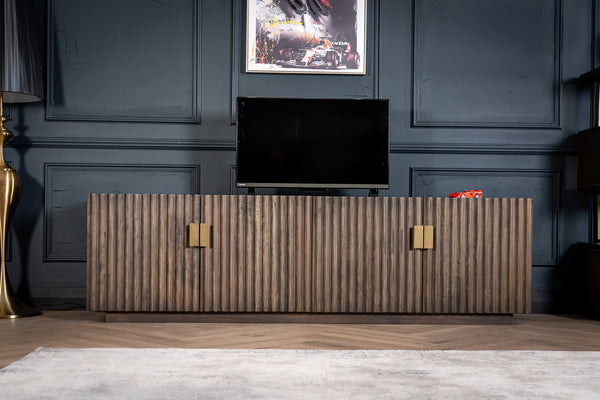 Louvre Solid Mango Wood TV Unit with Fluted Design Fronts in Grey Brown 200 cm