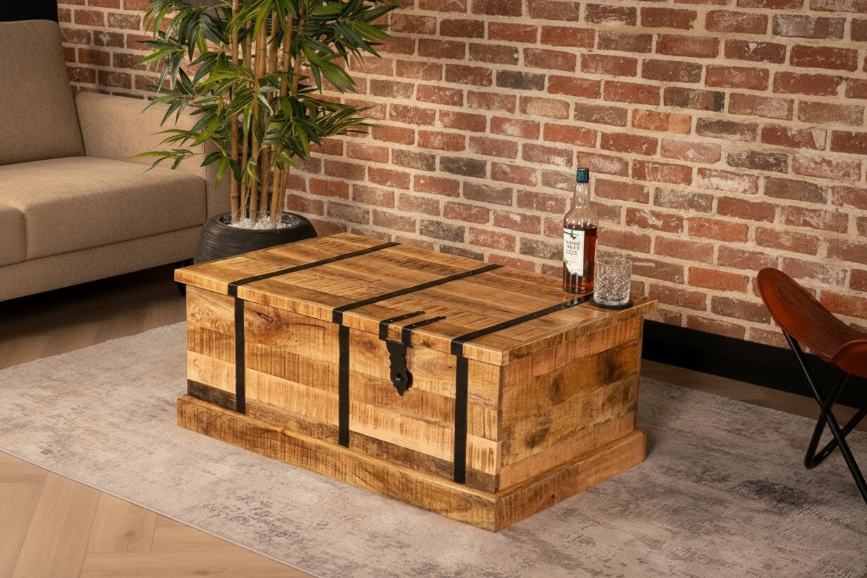 Bodega Natural Sheesham Solid Wood Coffee Table Bar with wine