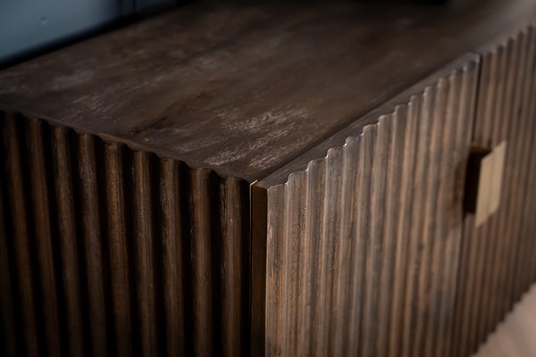 Louvre Solid Mango Wood TV Unit with Fluted Design Fronts in Grey Brown 200 cm