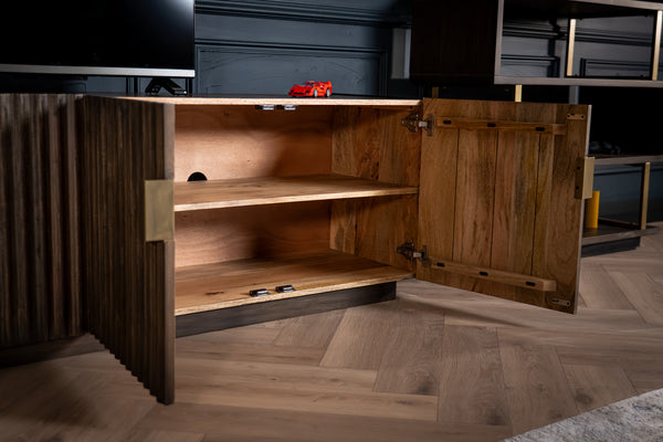 Louvre Solid Mango Wood TV Unit with Fluted Design Fronts in Grey Brown 200 cm