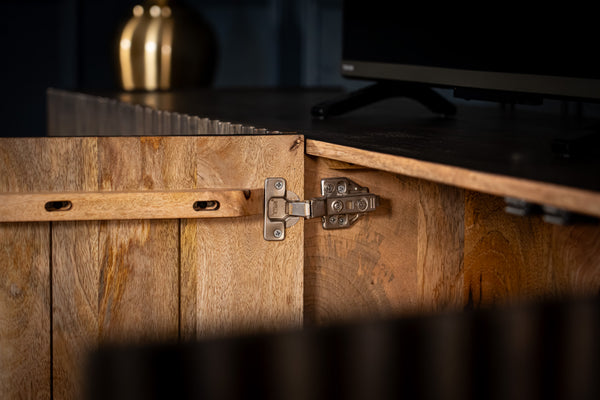 Louvre Solid Mango Wood TV Unit with Fluted Design Fronts in Grey Brown 200 cm