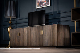 Louvre Solid Mango Wood TV Unit with Fluted Design Fronts in Grey Brown 200 cm