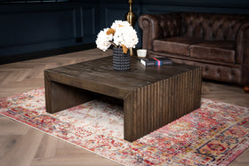 Louvre Solid Mango Wood Coffee Table with Fluted Design Legs in Grey Brown 100 cm