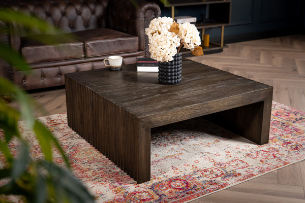 Louvre Solid Mango Wood Coffee Table with Fluted Design Legs in Grey Brown 100 cm