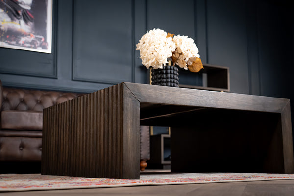 Louvre Solid Mango Wood Coffee Table with Fluted Design Legs in Grey Brown 100 cm