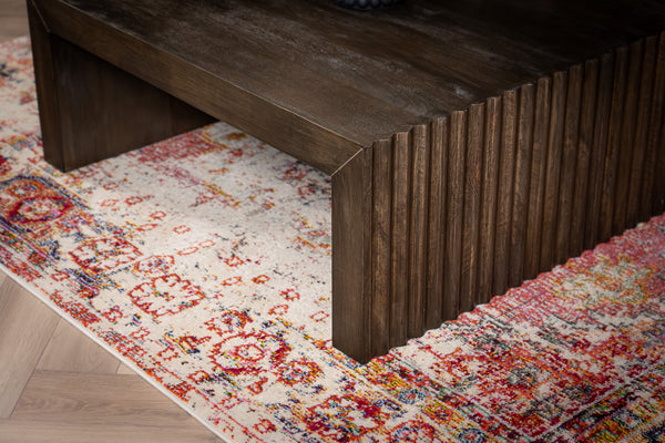 Louvre Solid Mango Wood Coffee Table with Fluted Design Legs in Grey Brown 100 cm