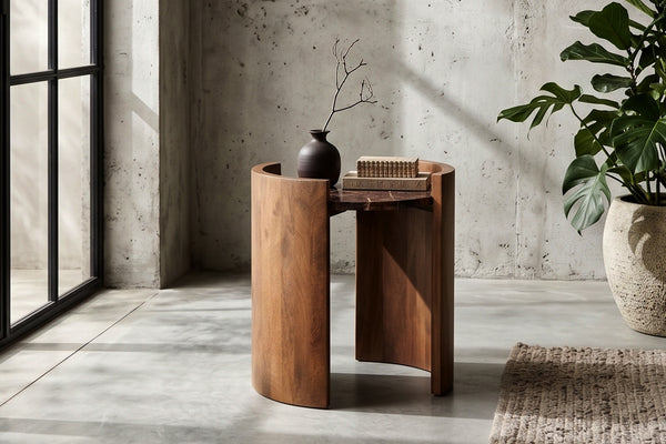 Solid Mango Wood Natural Rosso Marble Rounded Side Table - Roma Cherry Gold 45cm