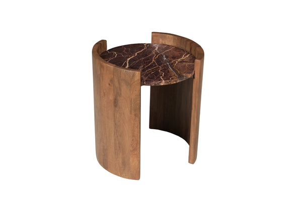 Solid Mango Wood Natural Rosso Marble Rounded Side Table - Roma Cherry Gold 45cm