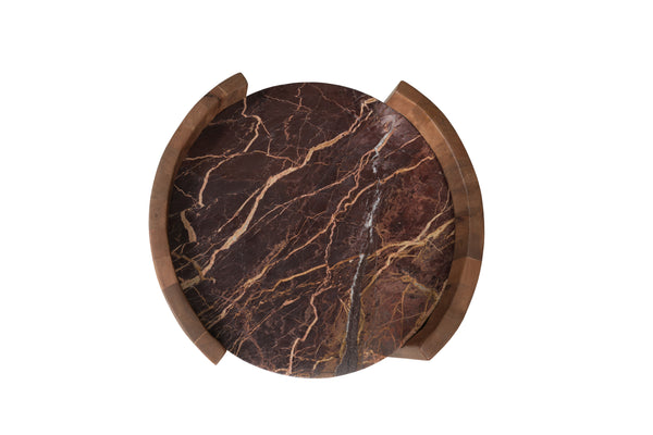 Solid Mango Wood Natural Rosso Marble Rounded Side Table - Roma Cherry Gold 45cm