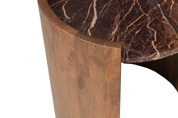Solid Mango Wood Natural Rosso Marble Rounded Side Table - Roma Cherry Gold 45cm