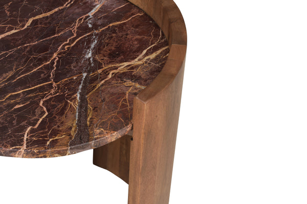 Solid Mango Wood Natural Rosso Marble Rounded Side Table - Roma Cherry Gold 45cm