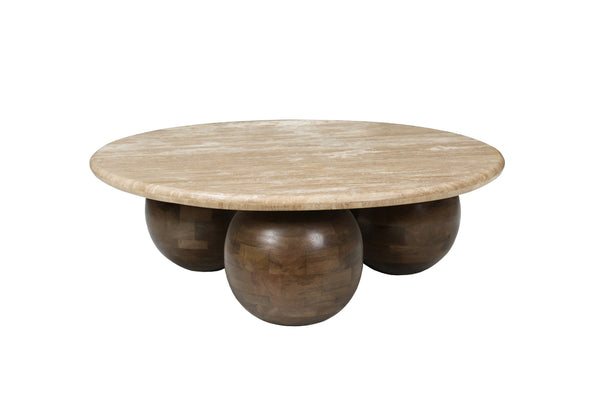Solid Mango Wood Natural Travertine Marble Beige Round Coffee Table - Lorenzo Brown 100cm