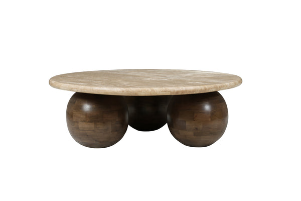 Solid Mango Wood Natural Travertine Marble Beige Round Coffee Table - Lorenzo Brown 100cm