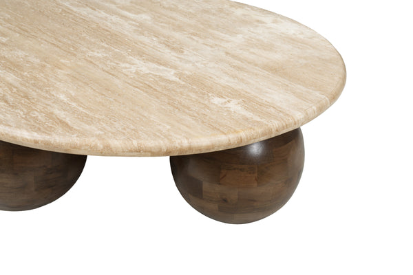 Solid Mango Wood Natural Travertine Marble Beige Round Coffee Table - Lorenzo Brown 100cm