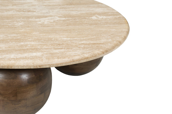 Solid Mango Wood Natural Travertine Marble Beige Round Coffee Table - Lorenzo Brown 100cm