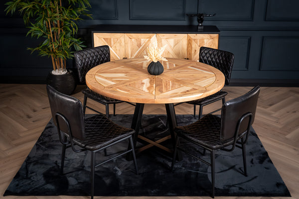 Venice Solid Acacia Wood Round Dining Table Natural Brown with Black Legs 125 cm