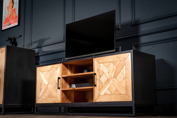 Venice Solid Acacia Wood TV Unit in Light Brown Black Frame with Two Doors and Three Shelves 136 cm