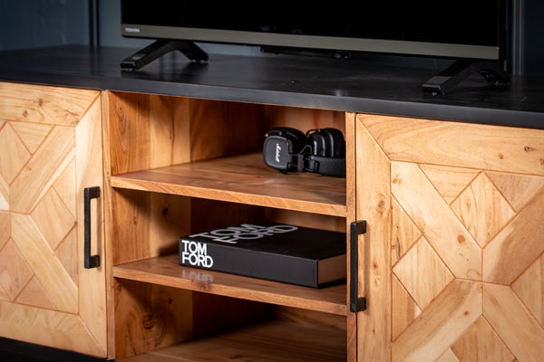Venice Solid Acacia Wood TV Unit in Light Brown Black Frame with Two Doors and Three Shelves 136 cm
