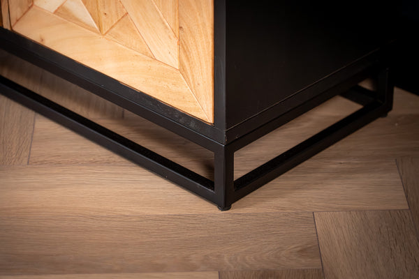 Venice Solid Acacia Wood TV Unit in Light Brown Black Frame with Two Doors and Three Shelves 136 cm