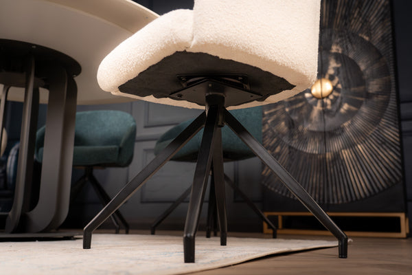 Glide Rotatable Design White Boucle Fabric Swivel Dining Chair with Rounded Edges