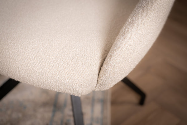 Glide Rotatable Design White Boucle Fabric Swivel Dining Chair with Rounded Edges