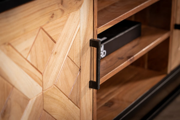 Venice Solid Acacia Wood TV Unit in Light Brown Black Frame with Two Doors and Three Shelves 136 cm