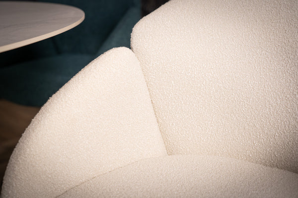 Glide Rotatable Design White Boucle Fabric Swivel Dining Chair with Rounded Edges