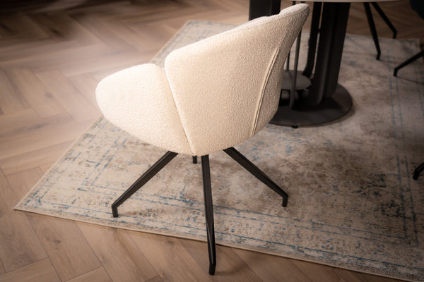 Glide Rotatable Design White Boucle Fabric Swivel Dining Chair with Rounded Edges