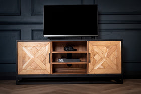 Venice Solid Acacia Wood TV Unit in Light Brown Black Frame with Two Doors and Three Shelves 136 cm