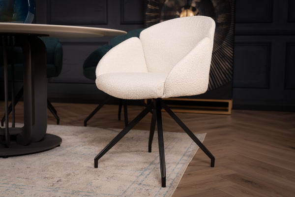 Glide Rotatable Design White Boucle Fabric Swivel Dining Chair with Rounded Edges