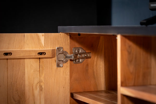 Venice Solid Acacia Wood TV Unit in Light Brown Black Frame with Two Doors and Three Shelves 136 cm