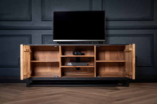 Venice Solid Acacia Wood TV Unit in Light Brown Black Frame with Two Doors and Three Shelves 136 cm