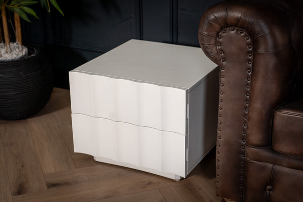 Wave Solid Mango Wood Bedside Table in White Colour with Two Drawers 50 cm