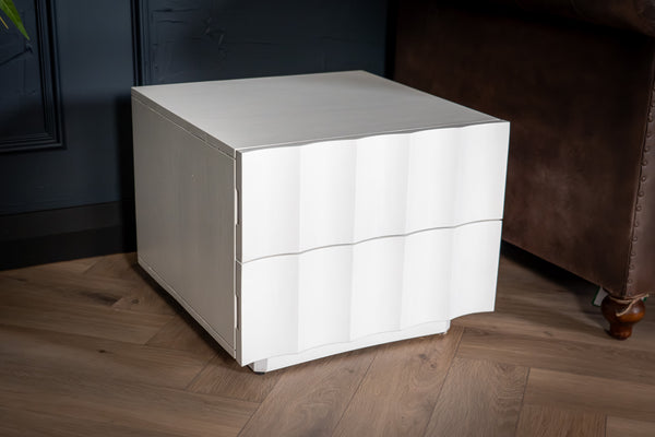 Wave Solid Mango Wood Bedside Table in White Colour with Two Drawers 50 cm