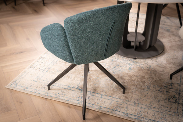 Glide Rotatable Design Blue Boucle Fabric Swivel Dining Chair with Rounded Edges