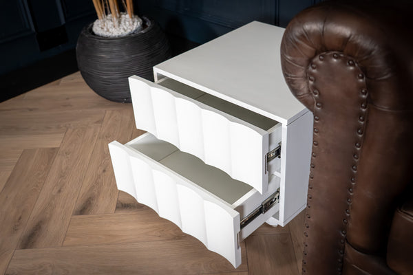 Wave Solid Mango Wood Bedside Table in White Colour with Two Drawers 50 cm