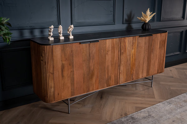 Portofino Mango Wood Sideboard with Black Mosaic Top Fluted Body and Silver Legs 201 cm