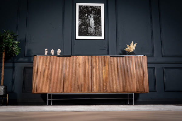 Portofino Mango Wood Sideboard with Black Mosaic Top Fluted Body and Silver Legs 201 cm