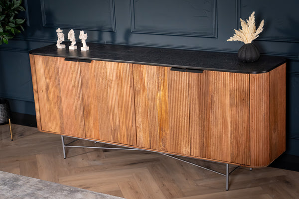 Portofino Mango Wood Sideboard with Black Mosaic Top Fluted Body and Silver Legs 201 cm