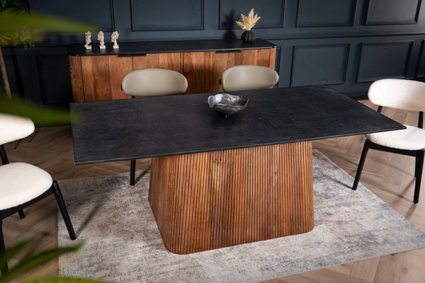 Portofino Mango Wood Sideboard with Black Mosaic Top Fluted Body and Silver Legs 201 cm